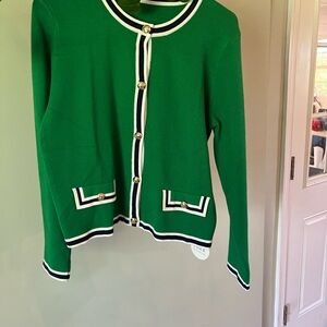 Gold and Green Cardigan Sweater with Geometric Trim